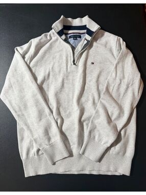 Tommy Hilfiger Men's XL Quarter-Zip Cotton Knit Sweater Cream